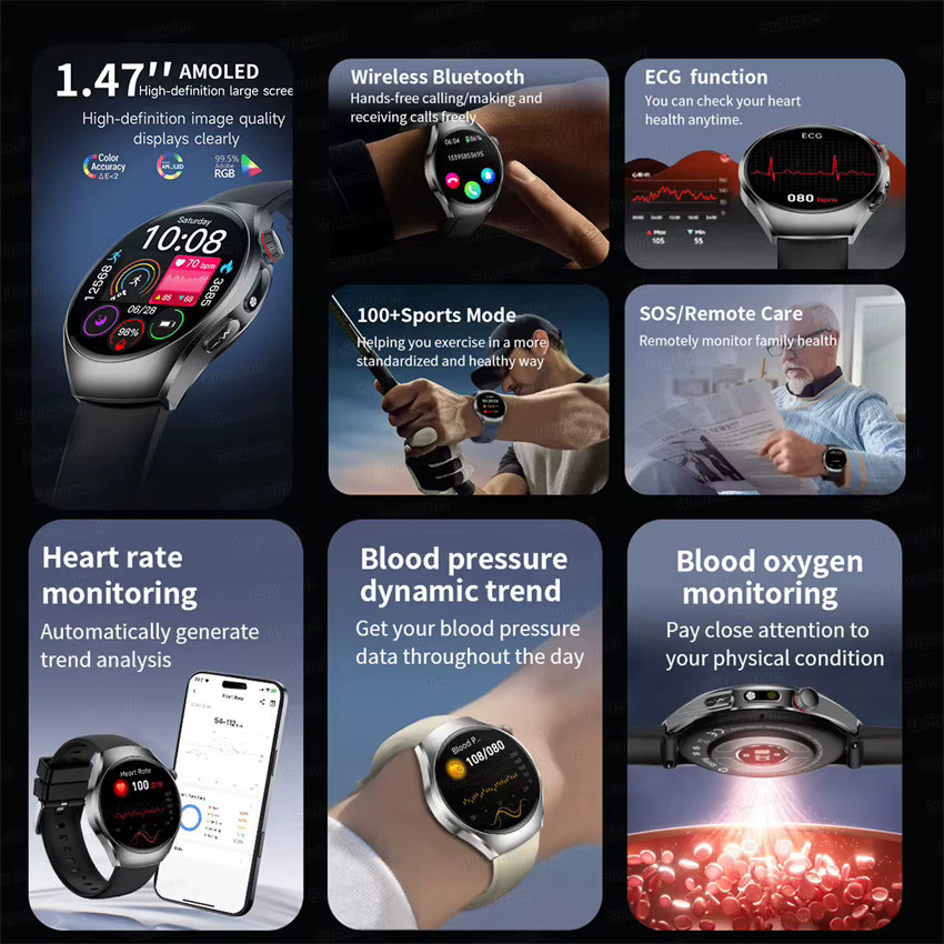 GUHUAVMI Smartwatch mit AMOLED Display, EKG und SpO2 Messung, Rot/Schwarz - Bild 2