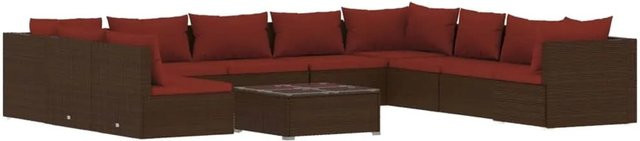 vidaXL 11-teiliges Garten-Lounge-Set in U-Form aus braunem Poly-Rattan mit Kissen und Tisch - Bild 1
