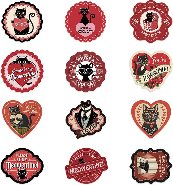 12 Stück Aufkleber mit schwarzen Katzenmotiven und lustigen Liebessätzen in Multicolour für Valentinstag, Jubiläen und Party-Dekoration - Bild 1
