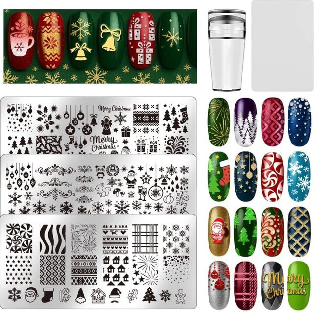 3er Set Weihnachts Nagelstempel Platten mit Motiven wie Schneeflocken, Tannenbaum, Weihnachtsmann und Glocken aus Metall - Bild 1