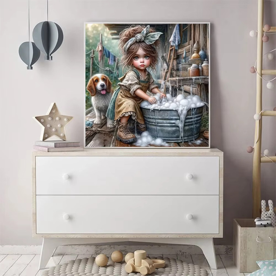 Momoart 5D DIY Diamantmalerei Mädchenporträt und Tier-Illustration als Rundes Mosaik-Set in Mehrfarbig - Bild 3