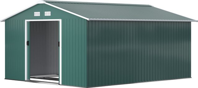 Outsunny Gerätehaus aus verzinktem Stahl mit Pultdach und Schiebetür, Dunkelgrün, B/H/T: 386 x 200 x 340 cm - Bild 1
