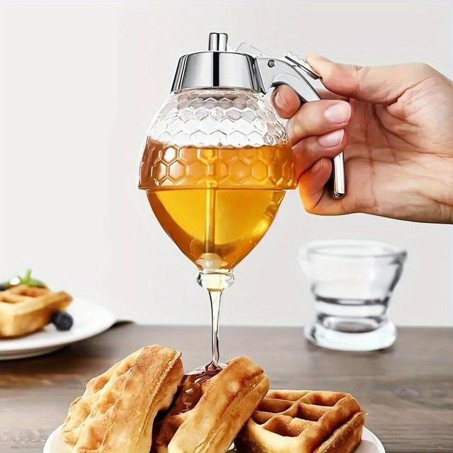 Tropffreier Honigspender aus Glas in Wabenform, transparentes Honigglas mit Standfuß - Bild 1