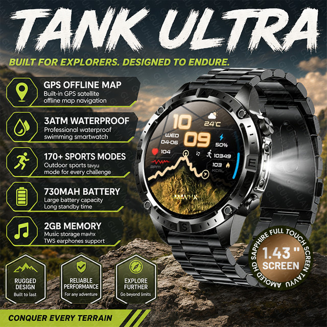GUHUAVMI Outdoor Militär Smartwatch in Schwarz mit AMOLED-Display, GPS-Karte, Kompass, 3ATM Wasserdichtigkeit, 170+ Sportmodi und Bluetooth-Anruffunktion für Herren - Bild 1