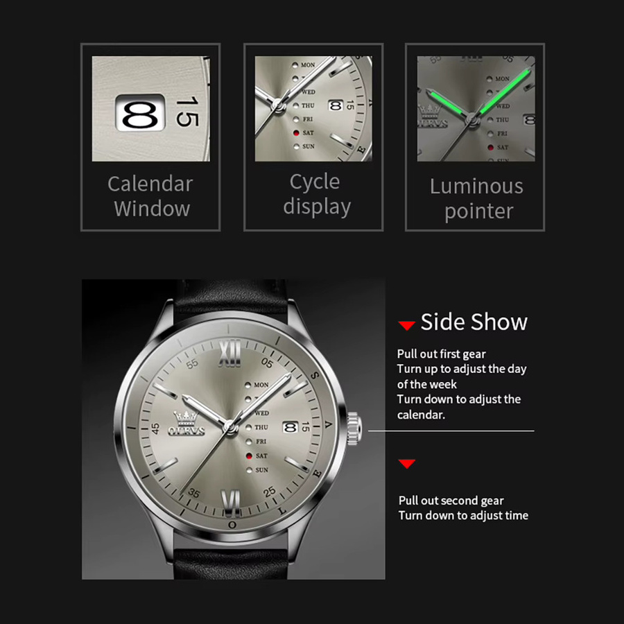 OLEVS Armbanduhr, Quarz, Edelstahl, Silber, Leder, Herren - Bild 5