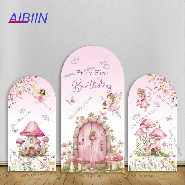AIBIIN Party-Hintergrunddeko Rosa Fee für den ersten Geburtstag mit Pilzhaus, Schmetterlingen und Blumen in Pink - Bild 1