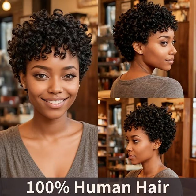 OYM HAIR Afro-Echthaar-Perücke, kurze Pixie-Schnitt-Perücke, Damen - Bild 1