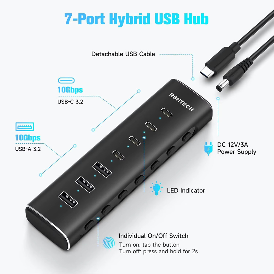 RSHTECH 7-Port USB-C Hub mit Stromversorgung, 10 Gbit/s, schwarzer Aluminium-USB-Splitter mit individuellen Touch-Schaltern für Laptop und PC - Bild 2