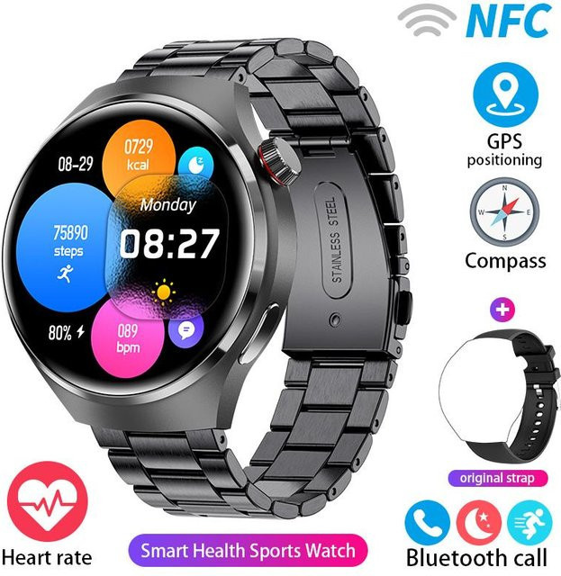 Zodvboz NFC Smartwatch GT4 Pro für Männer mit AMOLED HD Bildschirm, Bluetooth Anruf, Herzfrequenzmessung und IP68 Wasserdichtigkeit in Steel - Bild 1