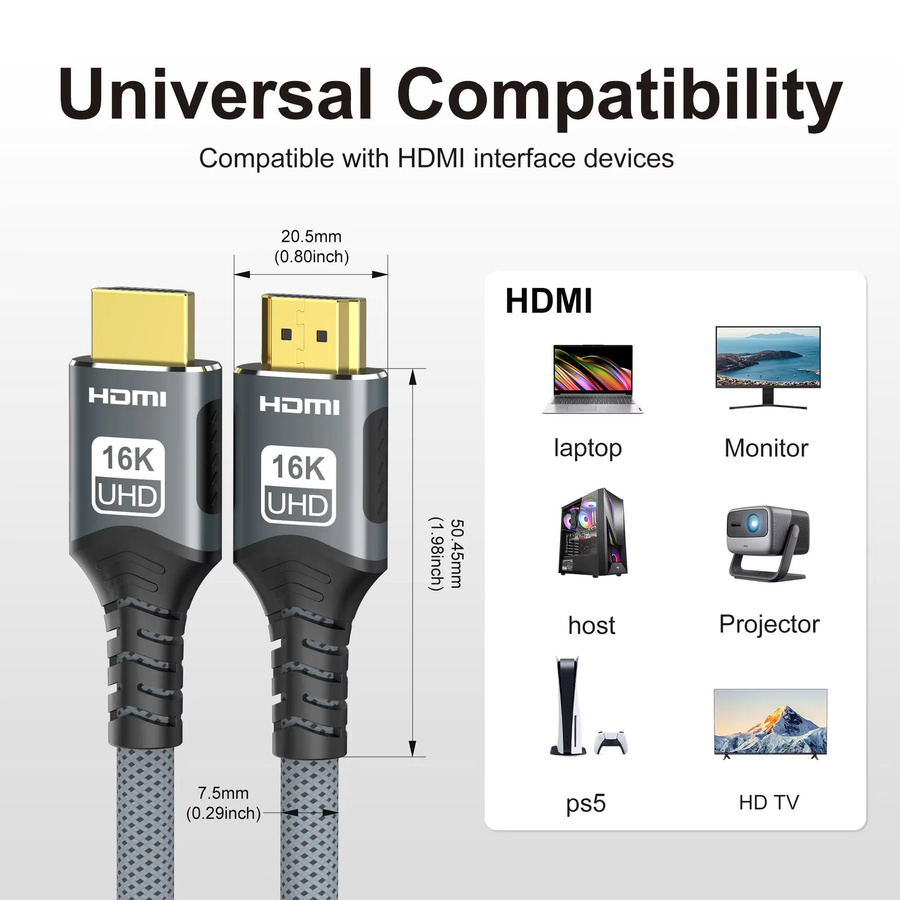 lmcnzz HDMI Kabel in Grau mit 96 Gbit/s Bandbreite für 8K@120Hz, 4K@240Hz und 2K@360Hz inklusive LIP-Protokoll für TV, Monitor und Spielekonsolen - Bild 3