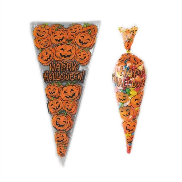 100 Stück Halloween Süßigkeitenbeutel im Kürbis-Stil von TMZ, dreieckige Kegeltüten aus Kunststoff für Geschenke und Lebensmittel - Bild 1