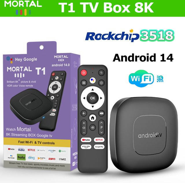 Mortal T1 Android 14 Smart TV Box mit 8K Auflösung, Google Chromecast, Sprachsteuerung, 2GB RAM, 16GB Speicher, HDR10, WIFI 6 und Bluetooth 5 in Schwarz - Bild 1