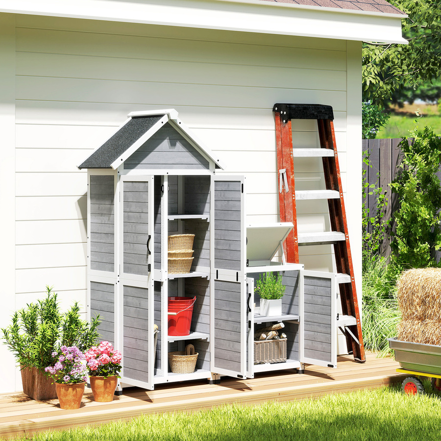Outsunny 2 in 1 Gartenschrank aus Holz mit Satteldach und Ablage, wetterfester Geräteschuppen in Hellgrau, B/T/H: 89 x 51 x 182 cm - Bild 2