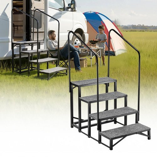 VEVOR RV Treppe mit Doppelhandlauf, 4 Stufen, Tragkraft 300 kg, robuste Outdoor Treppe mit rutschfester Matte für Wohnmobile, Camper und Spa - Bild 1
