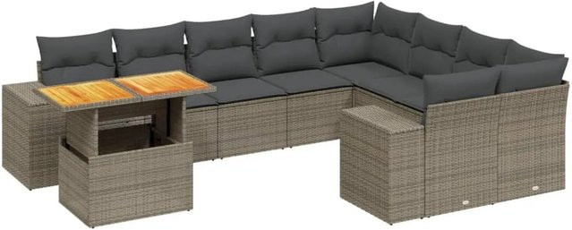vidaXL 10-tlg. Garten-Sofagarnitur in L-Form aus Poly-Rattan und Akazienholz mit Kissen, Grau - Bild 1