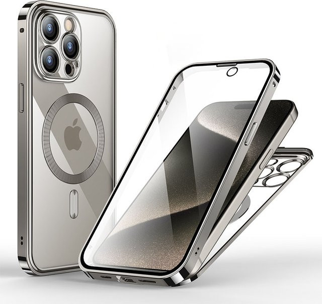 Schutzhülle aus Aluminiumlegierung für Apple iPhone 15 und iPhone 14 Pro Max mit Magnetfunktion für kabelloses Laden und HD Vollbild-Schutz in Blau - Bild 1