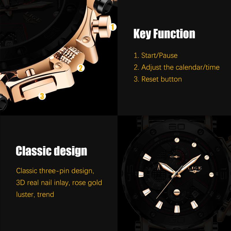 LIGE Armbanduhr, Digitaluhr, Quarz, Edelstahl, Silikon, Schwarz/Gold, Herren - Bild 3