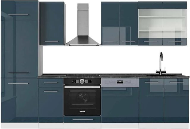 Vicco Küchenzeile Fame-Line in Weiß und Dunkelblau Hochglanz mit Arbeitsplatte in Anthrazit, Breite: 300 cm - Bild 2