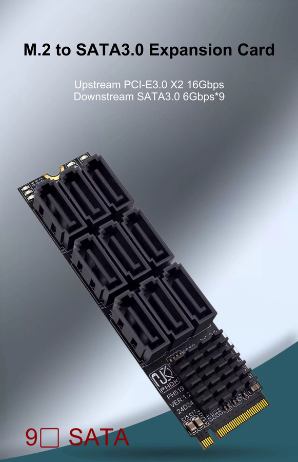 T.F.SKYWINDINTL M.2 M Key NVMe auf 9 Ports SATA 3.0 Adapter, PCIe 3.0 x2 Controller Card zur Festplattenkapazität-Erweiterung, Schwarz - Bild 4