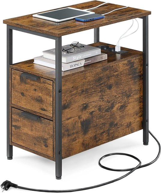VASAGLE Beistelltisch mit Steckdosenleiste und 2 Schubladen im Industrial Design, Schwarz-Braun, B: 60 cm, T: 35 cm, H: 61 cm - Bild 1