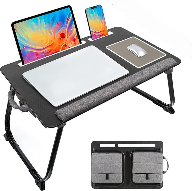 MUMUCC Tragbarer Betttisch für Laptop aus Holz, zusammenklappbarer Gaming-Schreibtisch mit Kissen, Griff und Mauspad, Braun/Schwarz - Bild 1
