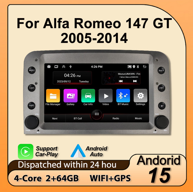 NAVIFANS Android 15 Multimedia-Autoradio für Alfa Romeo 147 GT 2005-2014 mit Carplay, 64GB, Schwarz - Bild 1