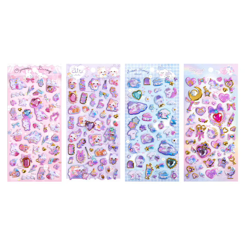 Gem Pets Cartoon Kaninchen Katzen 3D Puffy Sticker, multicolour, 2-teiliges Set - Bild 1