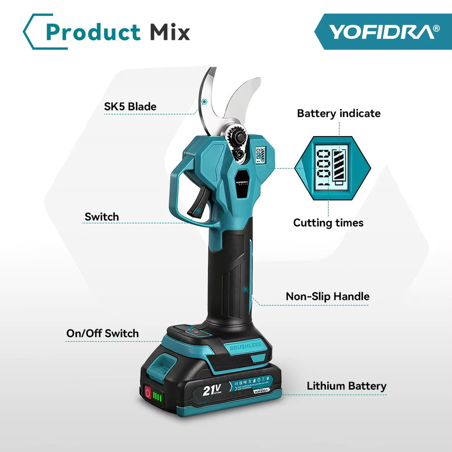 YOFIDRA Bürstenlose elektrische Gartenschere mit 2 Gängen und 32 mm Schnittkapazität, kabellose Astschere kompatibel mit Makita LXT Akku-Pin - Bild 3