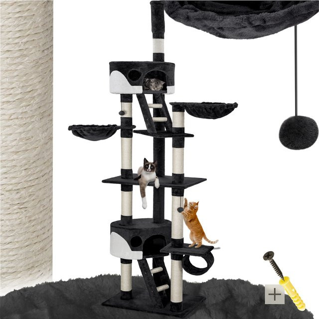 tectake Kratzbaum Hansi in Schwarz und Weiß mit 2 Katzenhäusern, 2 Treppen, Spielbällen und Deckenspanner, B/T/H: 60 x 45 x 260 cm - Bild 1