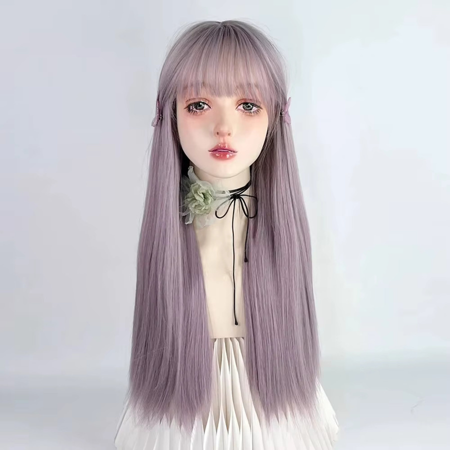 MSIWIGS Perücke für Damen, lange violette Kunsthaarperücke mit Pony - Bild 2