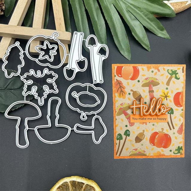 Metall Schneideschablone mit Kürbis und Pilz Motiven in Silber für DIY Scrapbooking und Bastelarbeiten - Bild 1