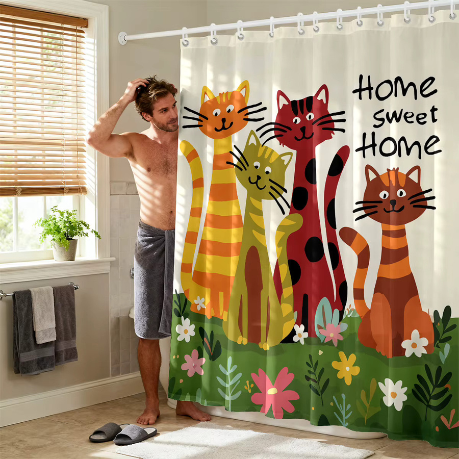Wasserdichter Duschvorhang mit Cartoon-Katzen-Print in Mehrfarbig, Polyester, B/H: 180 x 180 cm, inklusive 12 Haken - Bild 2