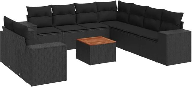 vidaXL 10-tlg. Garten-Sofagarnitur in L-Form aus schwarzem Poly-Rattan mit Kissen und pulverbeschichtetem Stahlgestell - Bild 1