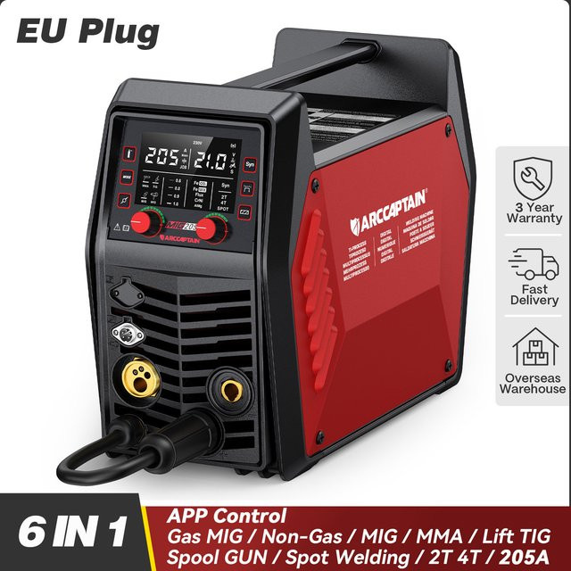 ARCCAPTAIN 6-in-1 Schweißgerät mit iControl APP-Steuerung, 205A, 220V, Gas-MIG, Fülldraht-MIG, MMA, TIG, Punktschweißen und Spool Gun für Aluminium - Bild 1
