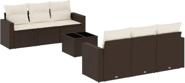 vidaXL 7-teilige Garten-Sitzgruppe aus Polyrattan in Braun mit Kissen und L-Form - Bild 1