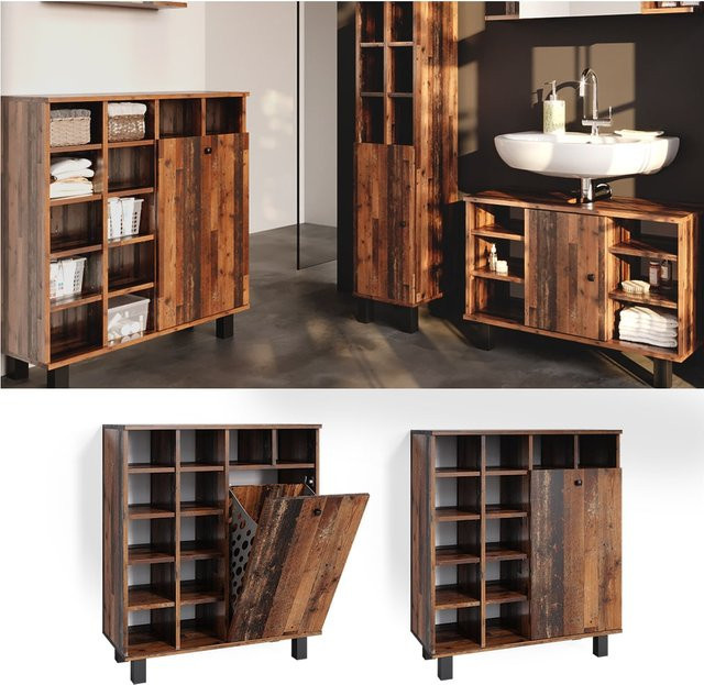 Vicco Wäscheschrank Fynn Badezimmerschrank mit Wäschekorb in Eiche Rustikal, Breite: 79 cm, Höhe: 92 cm, Tiefe: 34 cm - Bild 1