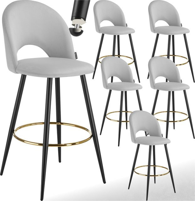 tectake Barstuhl Sachel Set 6er Pack in Samtoptik mit Rückenlehne und Fußstütze, Farben: Hellgrau und Schwarz, B/T/H: 58 x 49 x 110 cm - Bild 1
