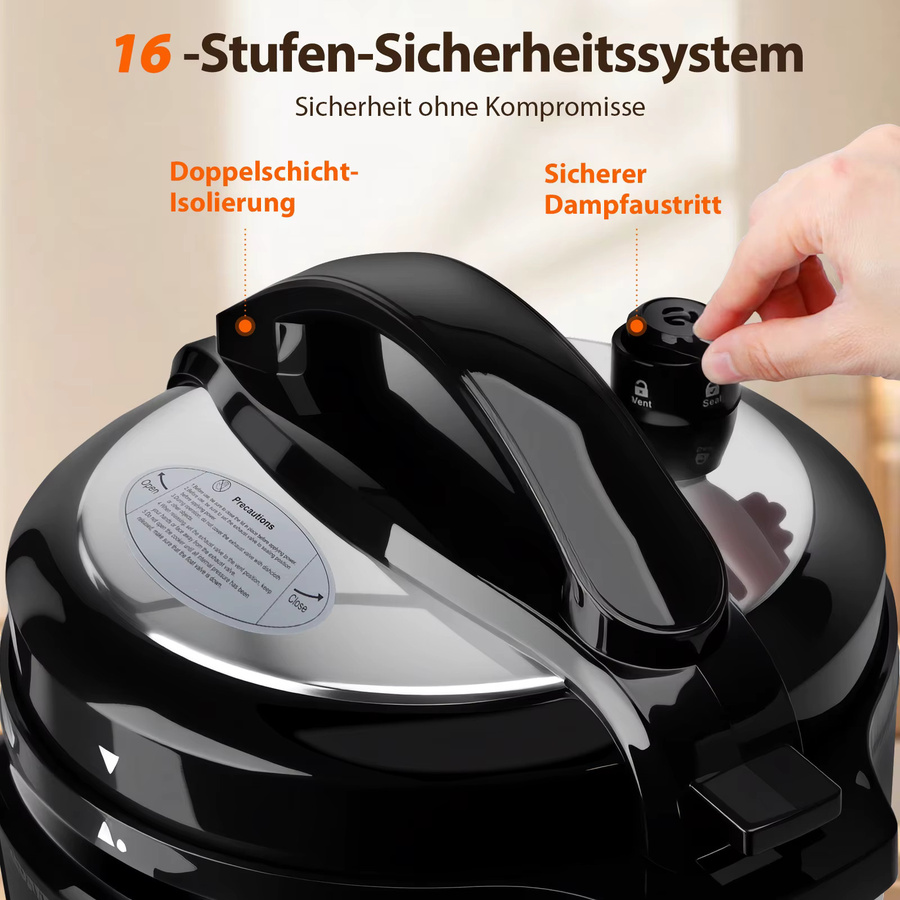 Aigostar Elektrischer Schnellkochtopf 18-in-1 Multikocher mit 6L Volumen, 1000W, Schwarz/Edelstahl - Bild 6