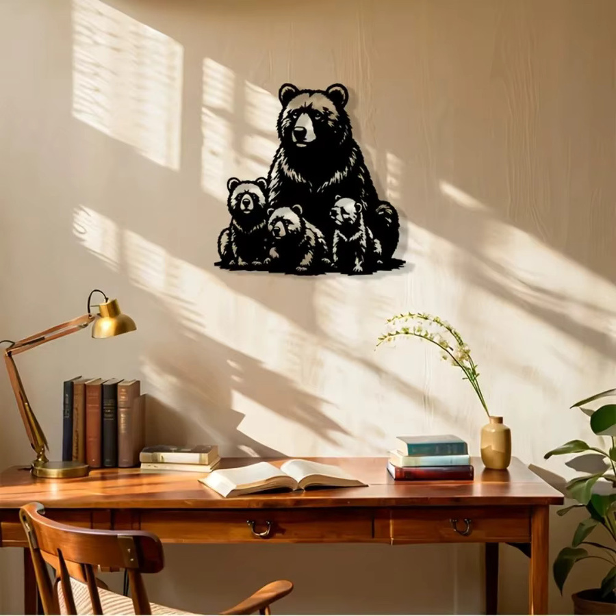 CIFBUY Metall-Wandkunst Eisenbären-Familie als 2D Wildtier-Silhouette in Schwarz zur Heimdekoration - Bild 2