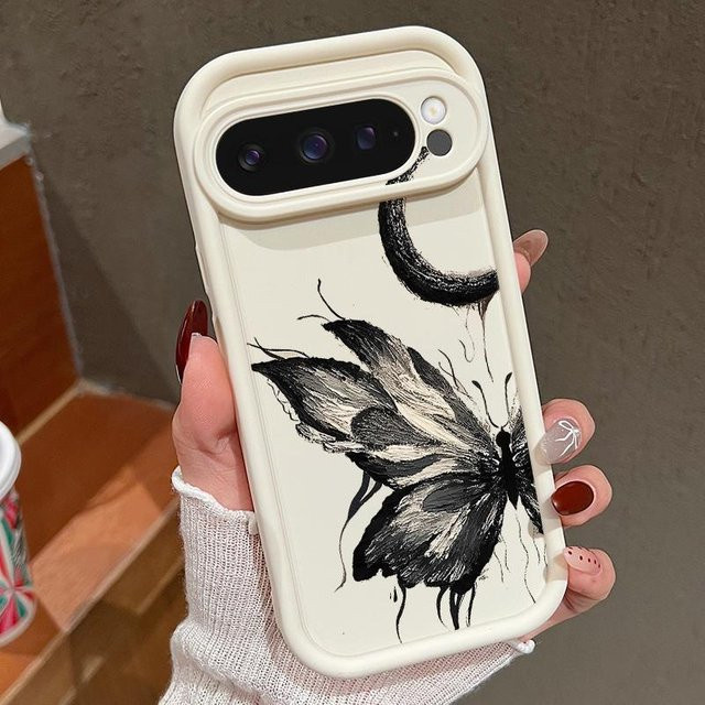 Stoßfeste Silikon-Handyhülle mit Retro-Schmetterlings-Design für Google Pixel 10, 9 Pro XL, 9, 8, 7 Pro in Weiß - Bild 1