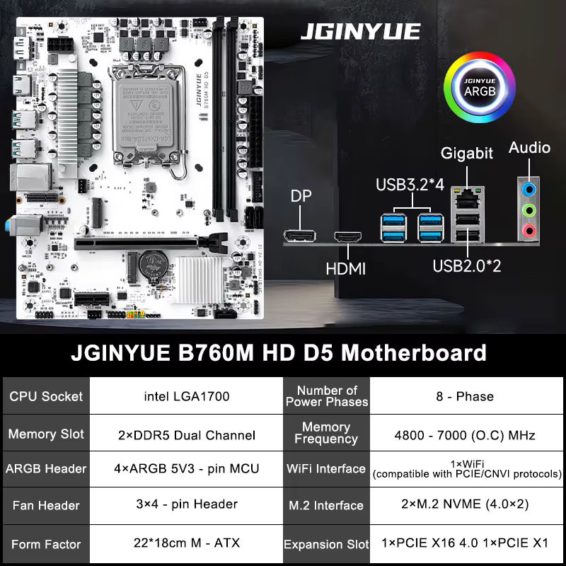 JGINYUE B760M-HD D5 Motherboard mit LGA1700 Sockel für Intel Core i3 i5 i7 i9 der 12. 13. und 14. Generation, unterstützt DDR5 und 2x M.2 NVMe sowie 3x SATA 3.0 - Bild 2