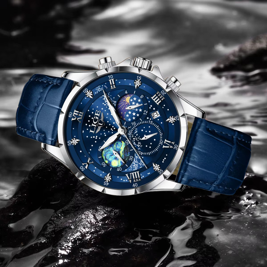 LIGE Armbanduhr Quarz, Mondphase, Leder, Blau, Herren - Bild 3