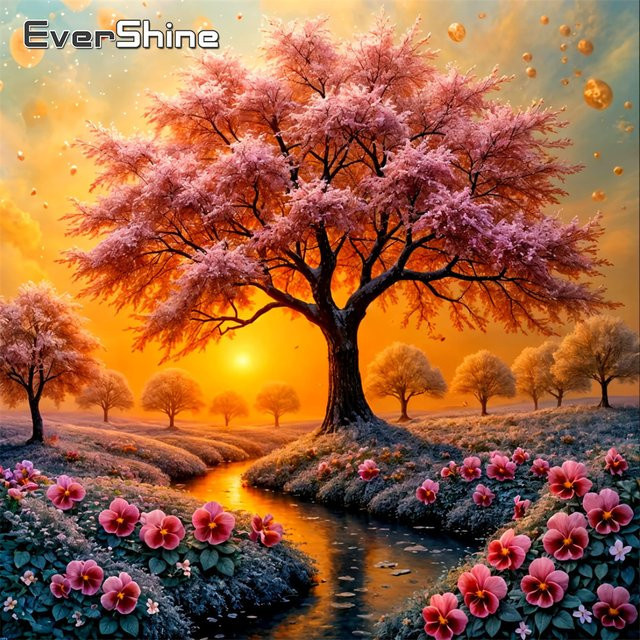 EverShine Diamant-Mosaik Landschaft Bild mit Kirschbaum und Mohnblumen, quadratische Strass-Stickerei in Multicolour, B/T/H: 20 x 20 x 20 cm - Bild 1