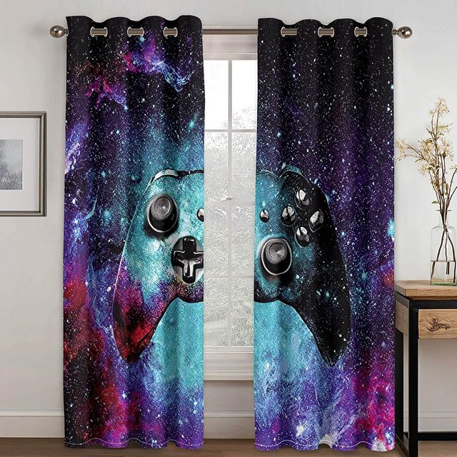 Yiran Furniture Vorhangset mit Gamepad-Motiv in Blau und Multicolour, 2er-Set, semi-transparent, Höhe: 130 cm, Breite: 100 cm - Bild 1