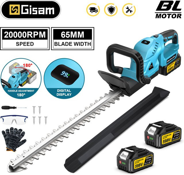 Gisam Bürstenloser Elektrischer Heckenschneider mit 65mm Scherschlag, Drehbarer Trimmer für Makita LXT 18V Akku, Blau - Bild 1