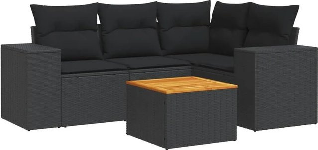vidaXL 5-tlg Garten-Sofagarnitur in L-Form aus Polyrattan und Akazienholz mit Kissen in Schwarz - Bild 1