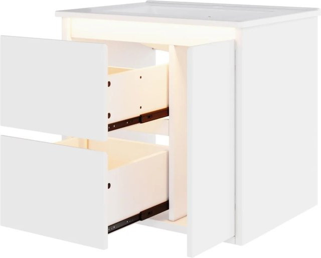 PXloue Waschtisch mit Unterschrank und Keramik-Waschbecken, Wandhängendes Badmöbel-Set mit LED-Beleuchtung und Sensor-Schalter, Weiß, B: 61 cm, H: 46,5 cm, T: 57 cm - Bild 1