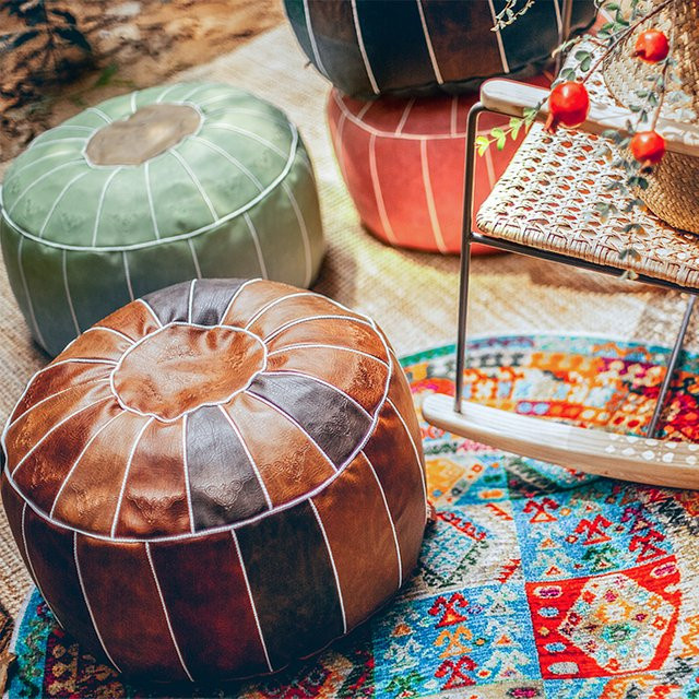Runder Sitzkissenbezug im marokkanischen Patchwork-Design aus Kunstleder in Braun, ungefülltes Bodenkissen für Ottomane und Fußschemel - Bild 1