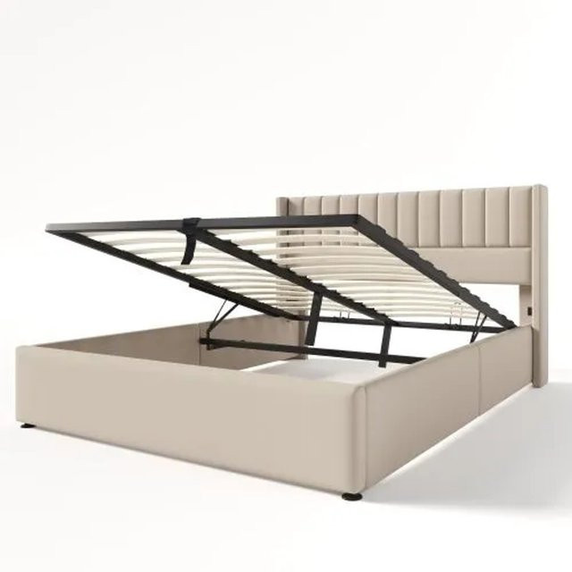KOMHTOM Doppelbett mit hydraulischem Stauraum und Lattenrost aus Leinen in Beige, B/T/H: 160 x 200 x 173 cm - Bild 1