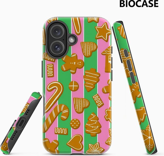 Handyhülle mit Lebkuchen-Design auf grünen und rosa Streifen für iPhone 17 16 15 14 13 Pro Max Plus mit doppelschichtiger Rückseite - Bild 1